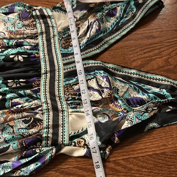 I.C.E Blue and Black Plunge V Neck back satin paisley Sleeveless Dress belted 10 - Picture 10 of 14